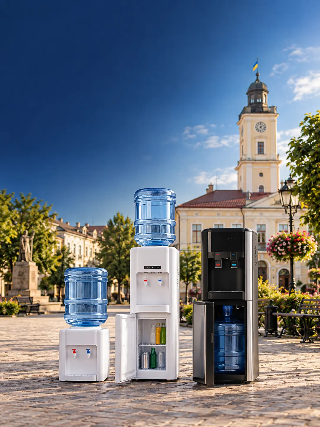 Ілюстрація різних кулерів для води на тлі Дрогобича