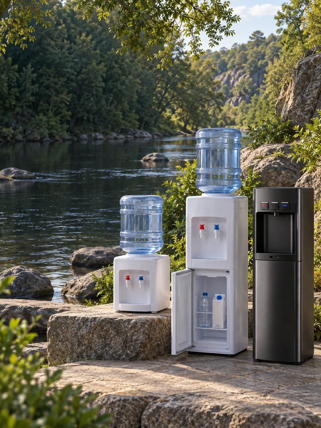 Ілюстрація кулерів для води на тлі річки та гранітних берегів