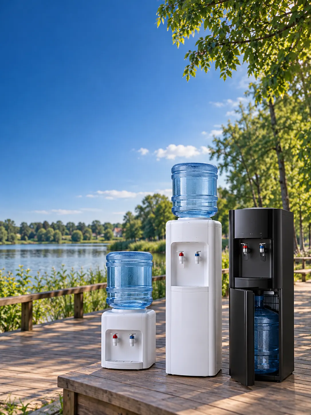 Ілюстрація кулерів для води на тлі умовної зеленої набережної для Любомля