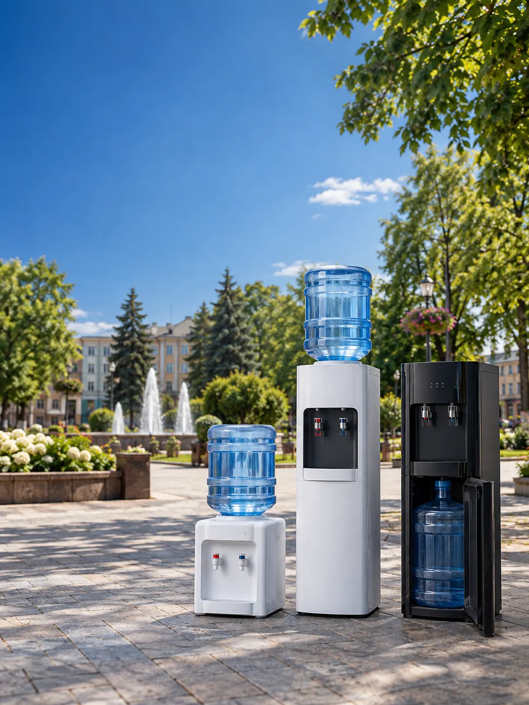 Ілюстрація кулерів для води на тлі міського скверу у Нововолинську