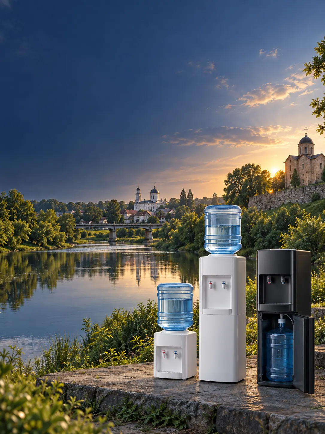 Ілюстрація кулерів для води на тлі річки Луга у Володимирі