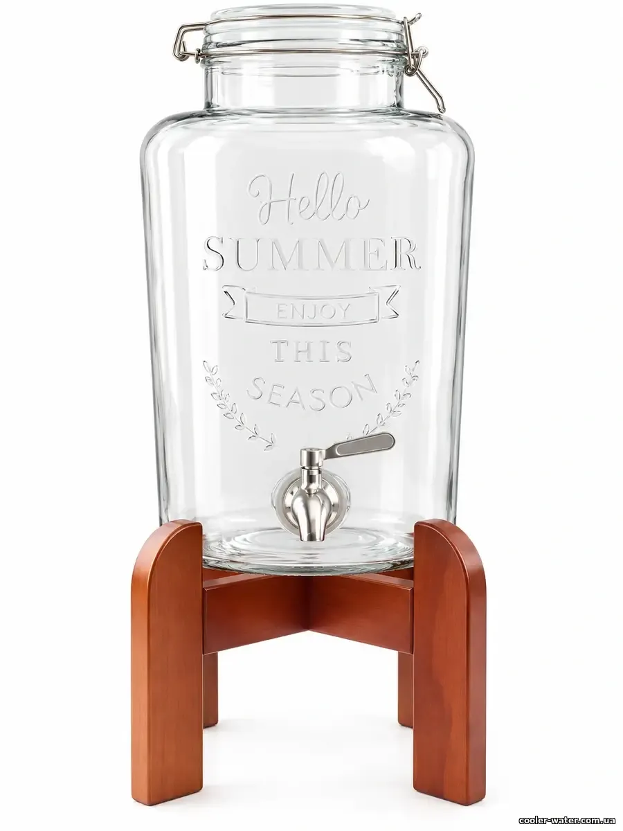 Візуалізація лимонадника Hello Summer 7,5 л з нержавіючим краном на дерев’яній підставці