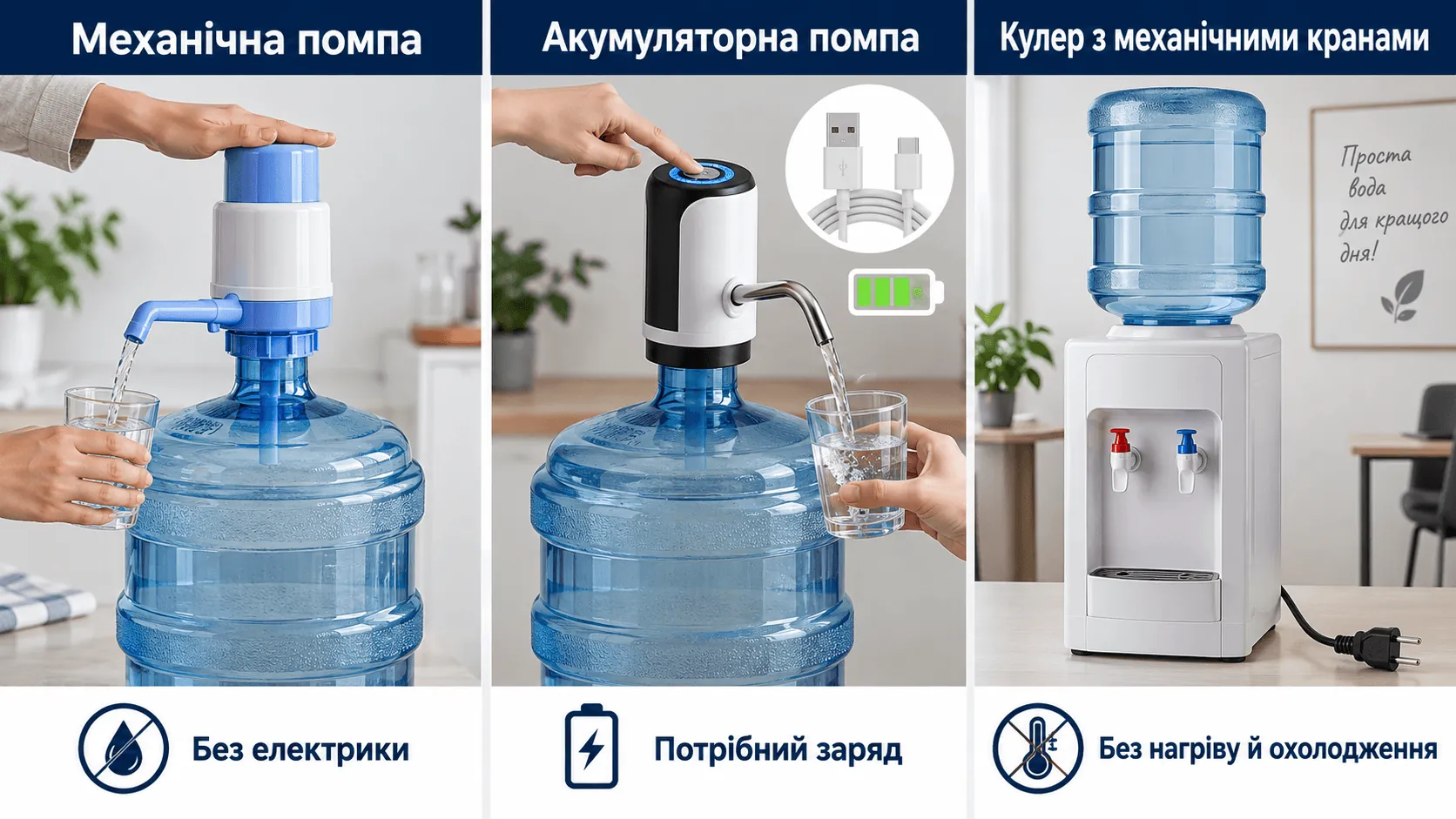 Механічна помпа, акумуляторна помпа та кулер із механічними кранами без живлення