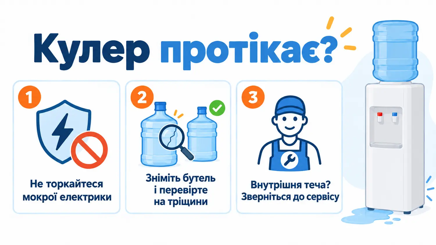 Кулер протікає: безпека, перевірка бутля на тріщини та звернення до сервісу