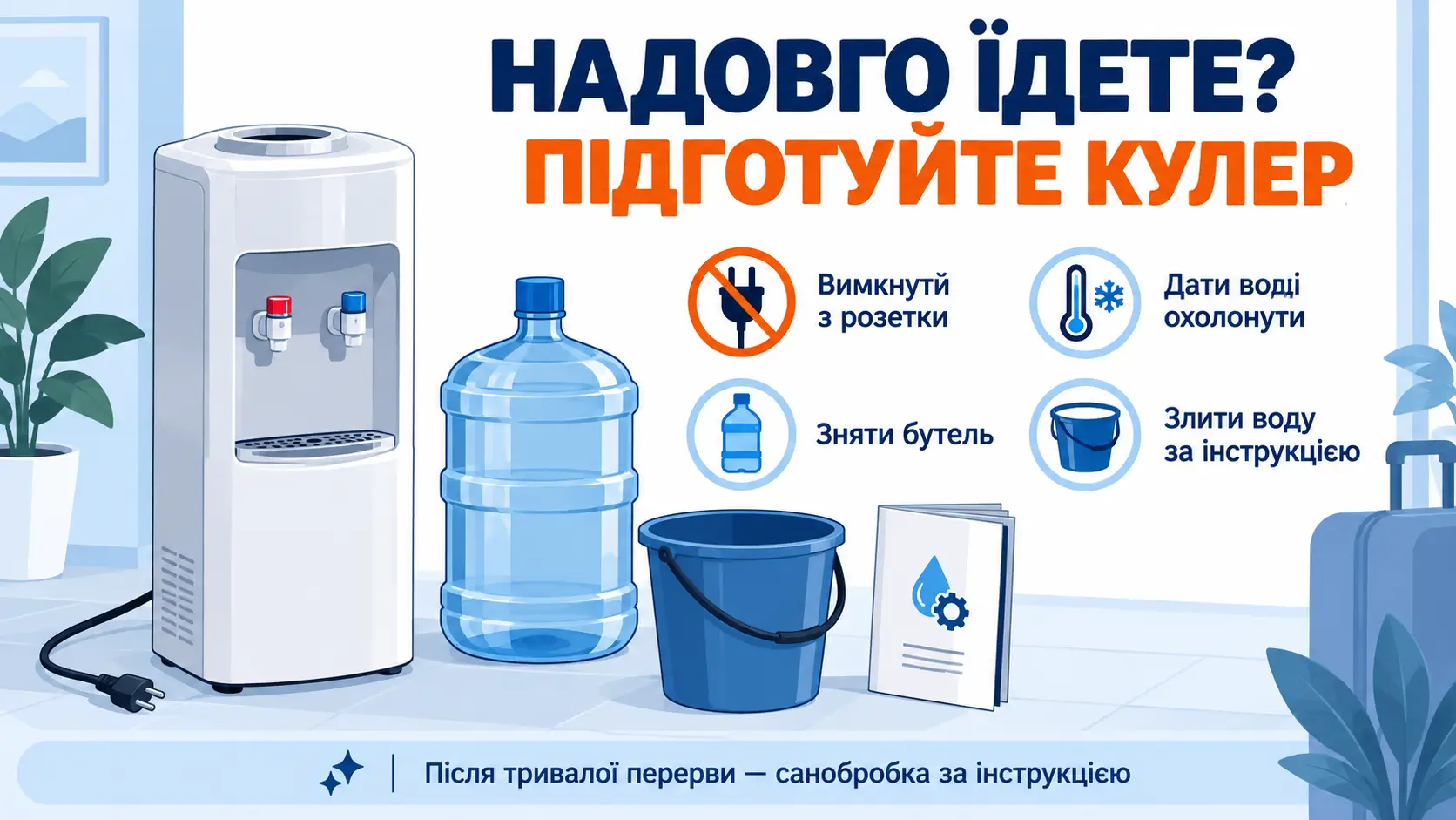 Підготовка кулера до тривалого від’їзду: відключення та слив охолодженої води