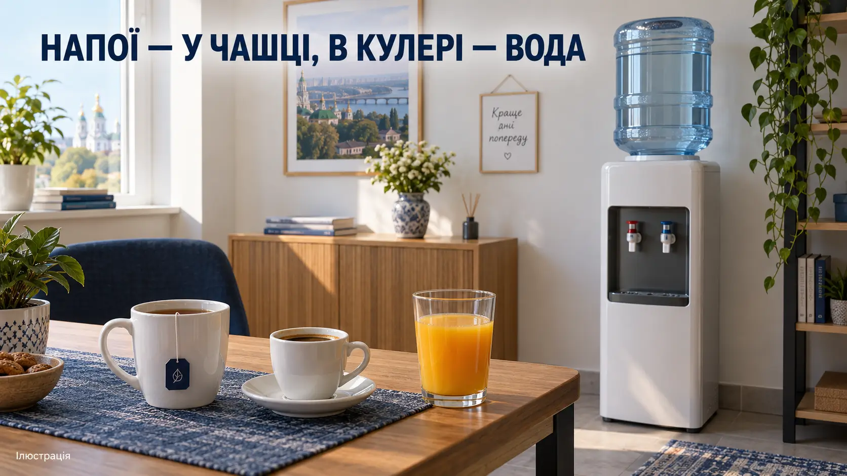 Напої — у чашці, в кулері — вода
