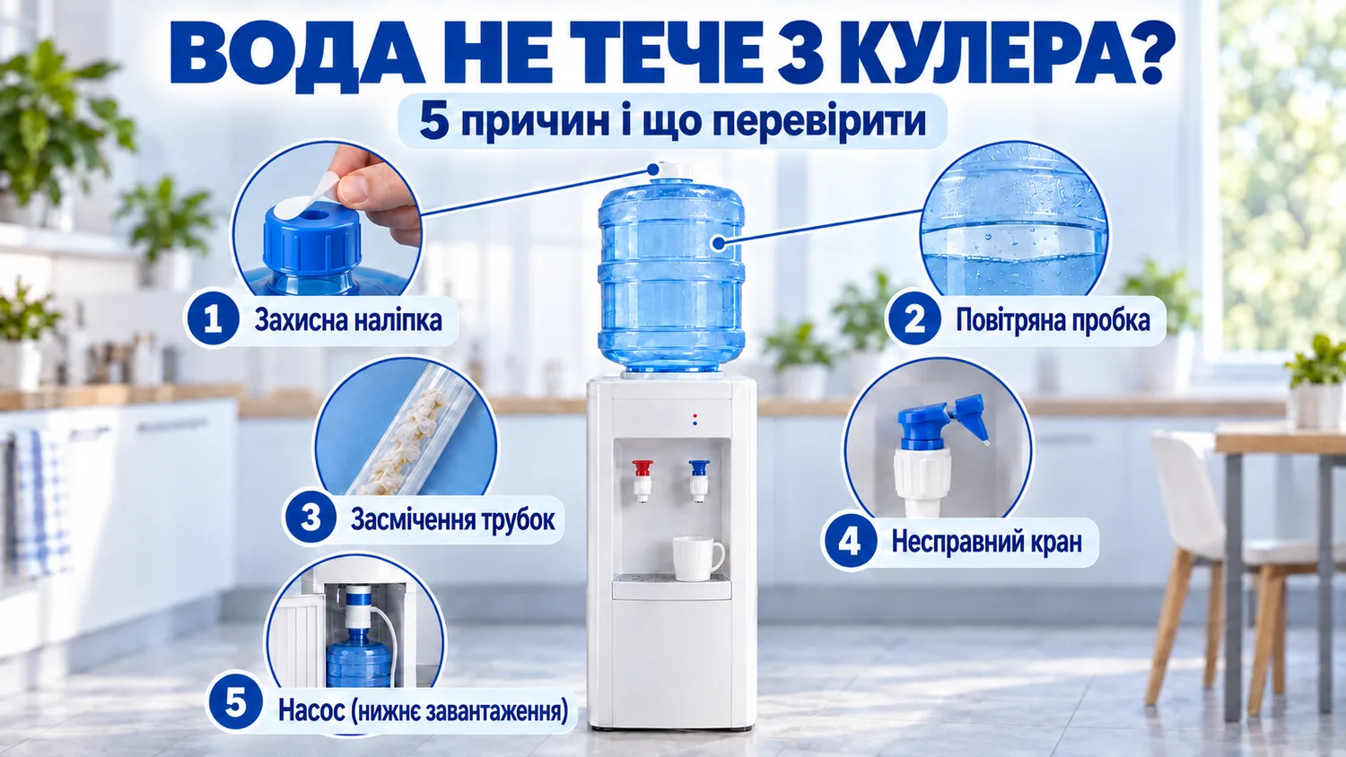 Чому не тече вода з кулера для води: захисна наліпка, повітряна пробка, засмічені трубки, кран або насос
