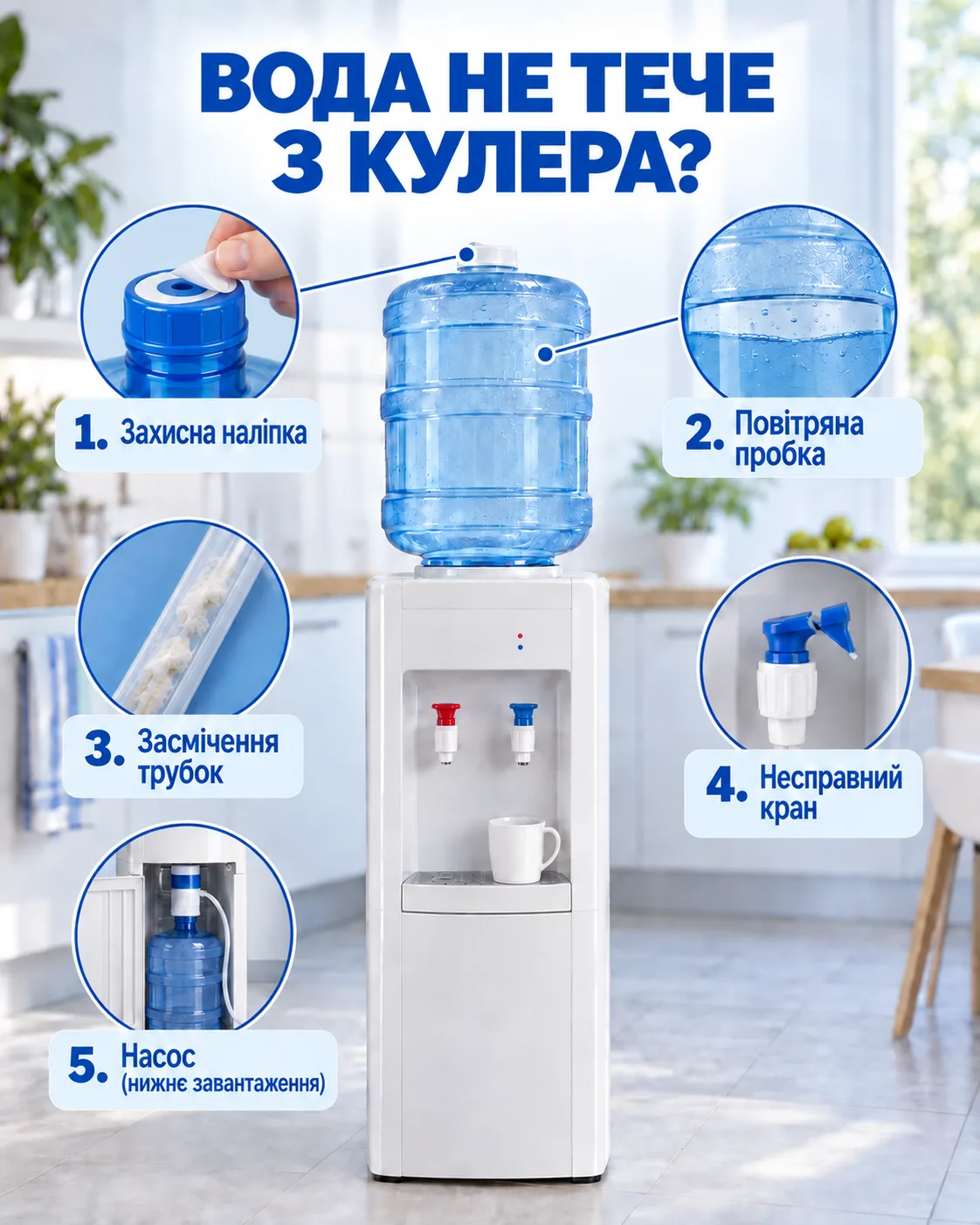 П’ять причин відсутності води в кулері для води, зокрема несправний кран і насос нижнього завантаження