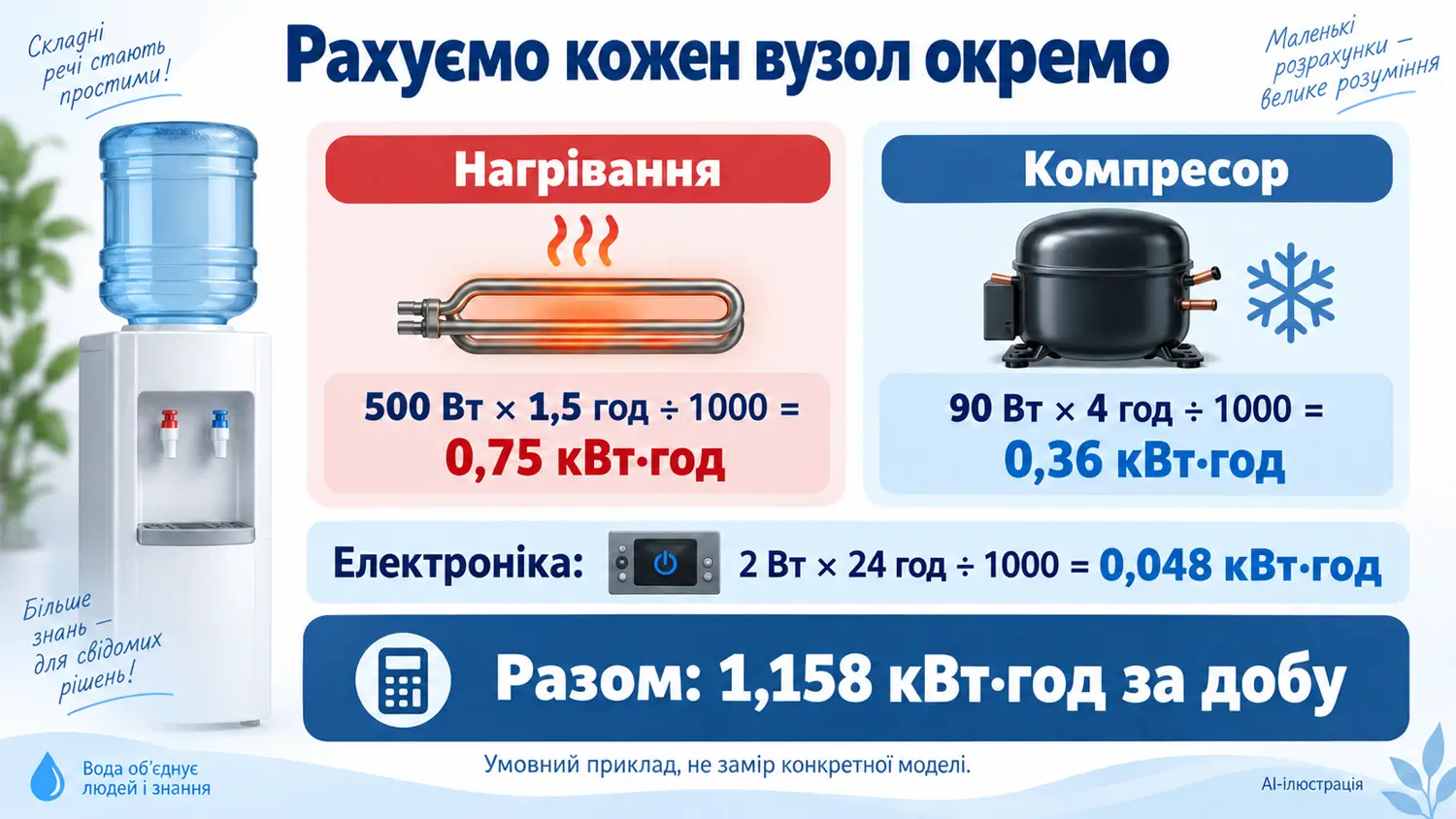Умовний розрахунок енергії нагрівача, компресора та електроніки кулера