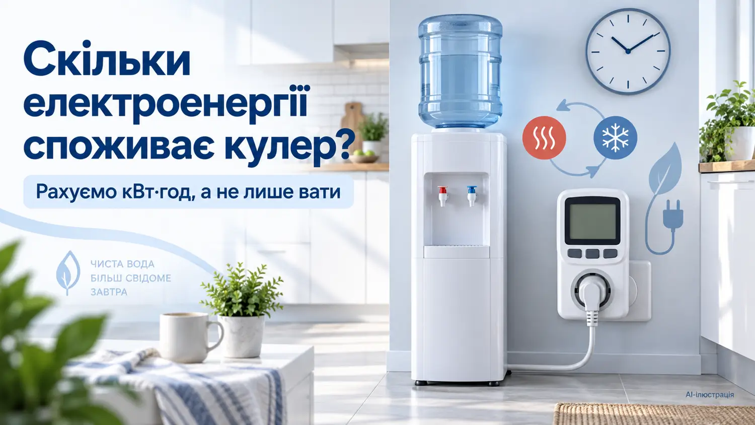 Кулер і розеточний лічильник енергії — пояснювальна AI-ілюстрація
