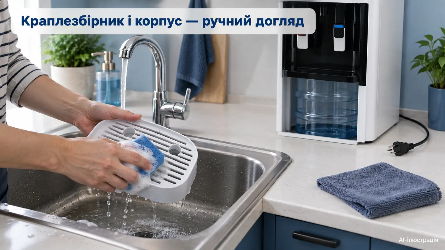 Миття знятого краплезбірника поруч із від’єднаним від мережі кулером