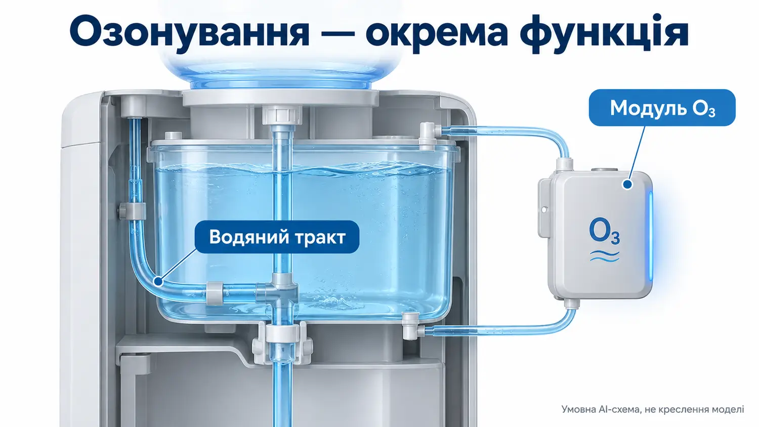 Умовна схема водяного тракту та озонового модуля кулера для води