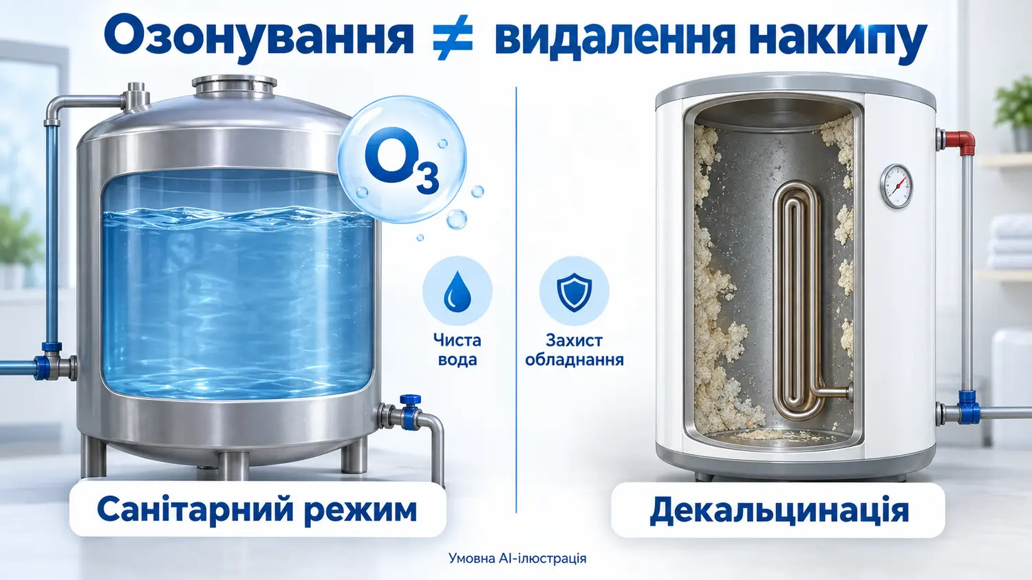 Озонування водяного тракту та видалення накипу з бака нагріву — різні завдання