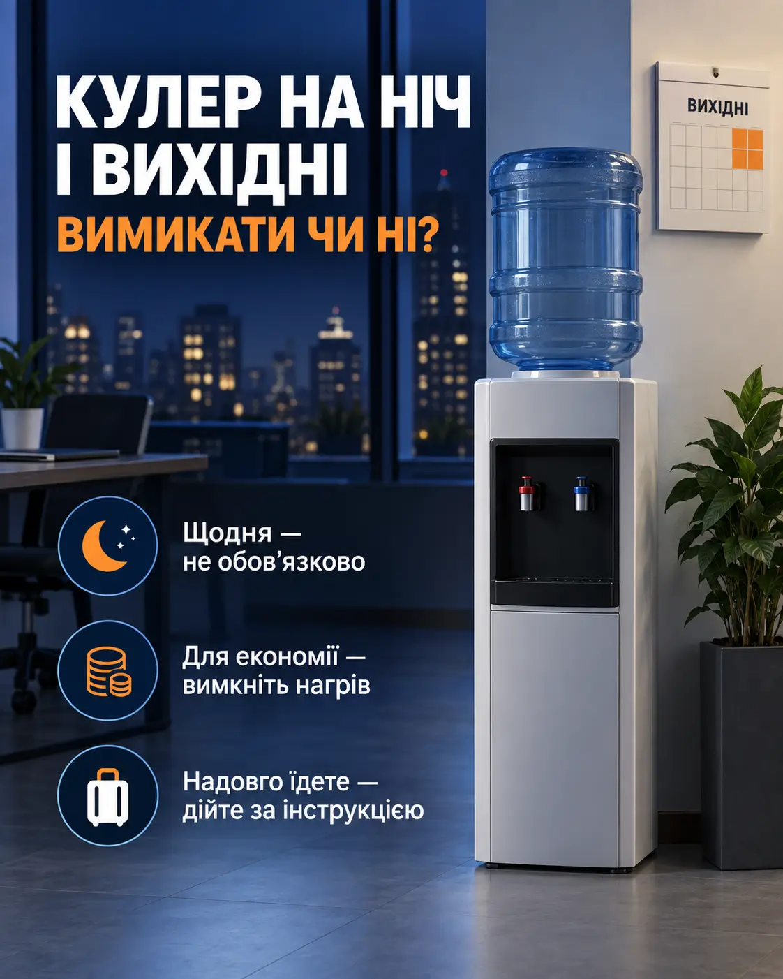 Пам’ятка: кулер для води на ніч, вихідні та в разі від’їзду
