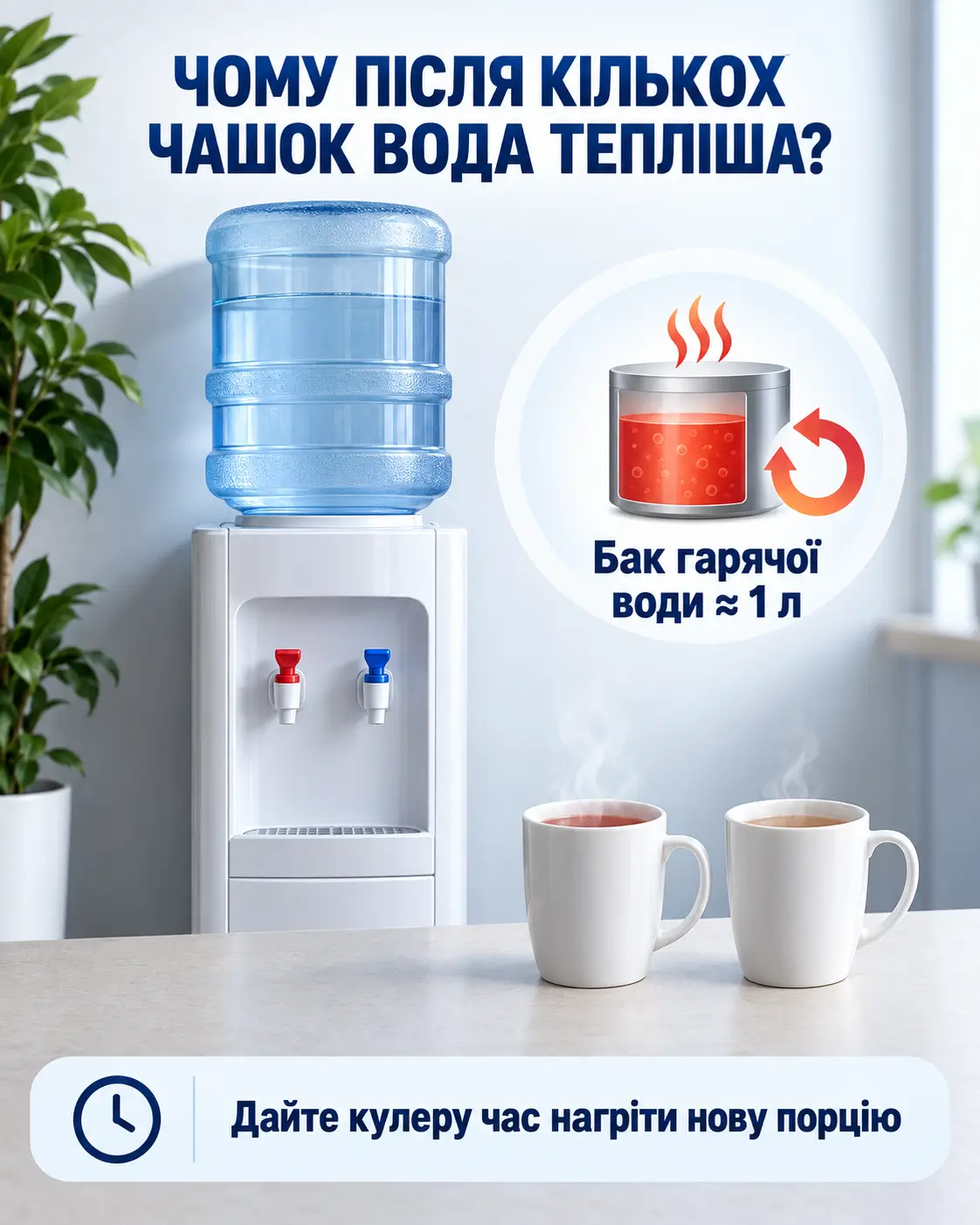 Бак гарячої води кулера близько 1 л: чому після кількох чашок вода стає теплішою