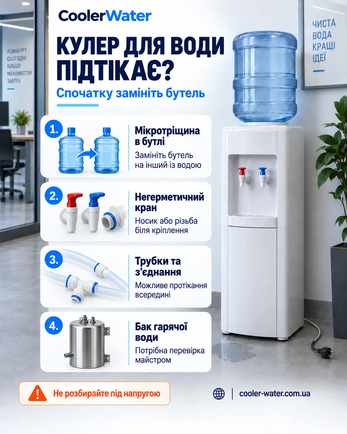 Чотири можливі причини протікання кулера для води