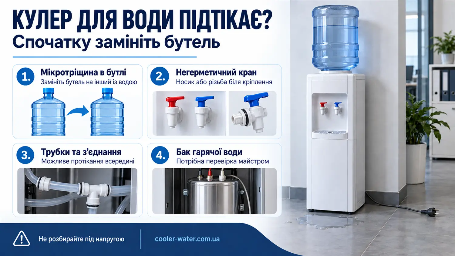 Кулер для води підтікає: заміна бутля, перевірка крана, трубок і бака